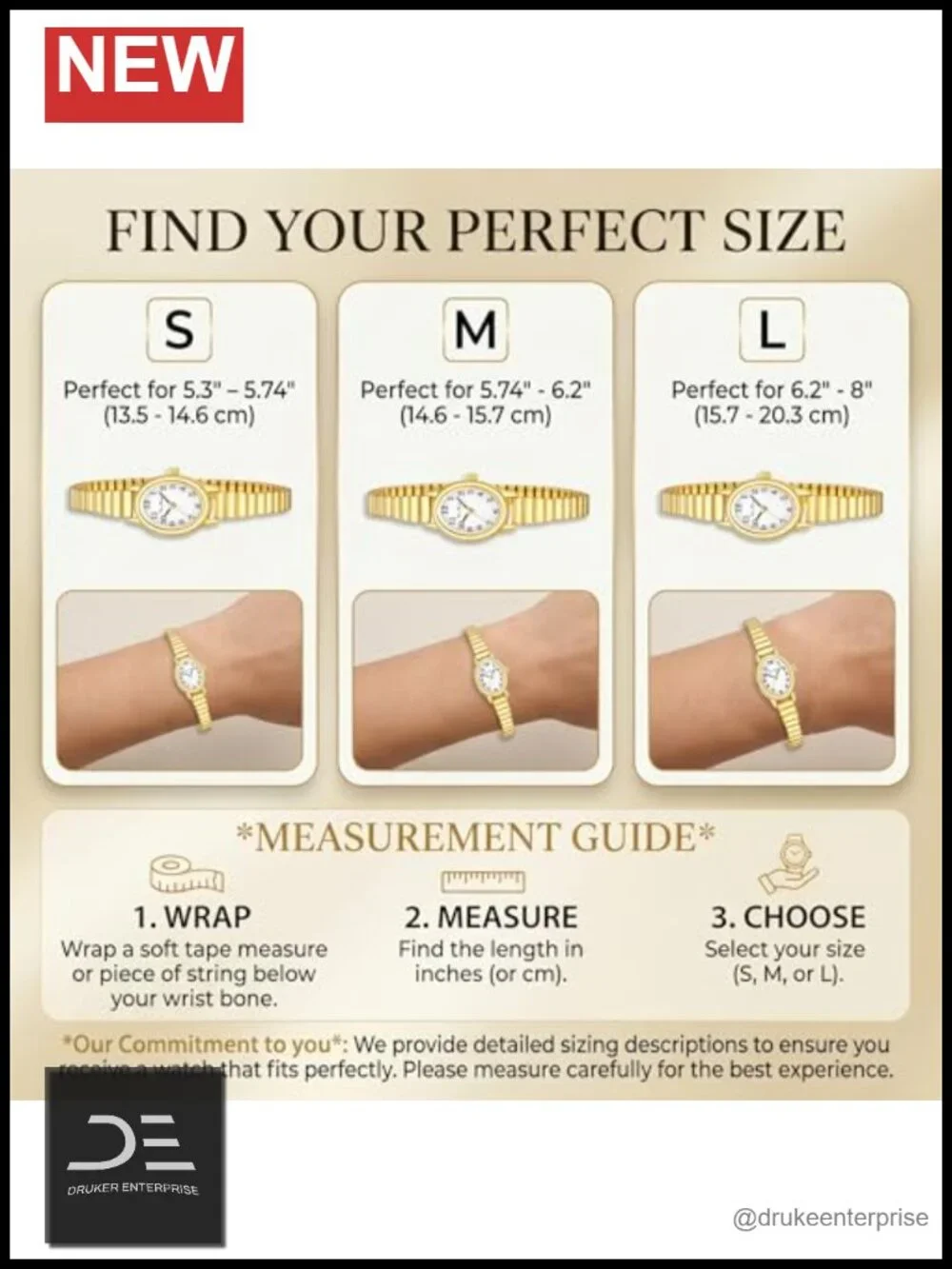 Gold Expansion Band Watch for Women - 3 Sizes S/M/L Japanese Quartz Water
